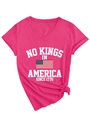 Detail of V-neck T-shirt showing No Kings In America 1776 print and flag - S / Rose Red (White Print)