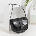 Minimalist black crocodile pattern saddle bag with elegant shoulder strap for women - Black