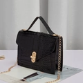 Black crocodile pattern mini square bag with pearl buckle and gold chain strap - Black