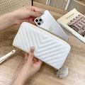 White quilted long wallet for women with V-pattern stitching and gold zipper detail - White