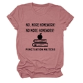 Close-up of punctuation mark design and quote on mauve cotton short sleeve t-shirt - Rose Gold (Black Letters)