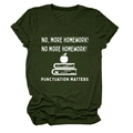 Detail of forest green cotton t-shirt featuring 'No more homework' slogan print - Army Green (White Letters)