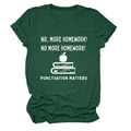 Detail of dark green t-shirt with 'No More Homework' text and apple book graphics - Vintage Green (White Letters)