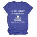 Detailed view of No More Homework slogan print and apple motif on blue cotton t-shirt - Vintage Blue (White Letters)