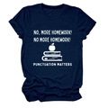 Detail of navy cotton T-shirt featuring No More Homework punctuation humor print - Navy Blue (White Letters)