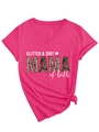 Detail of rose red V-neck T-shirt with leopard MAMA print and stylish side knot - S / Rose Red (White Print)