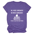 Detail of purple cotton T-shirt featuring NO MORE HOMEWORK punctuation print texture - Purple (White Letters)