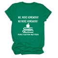 Detail of dark green cotton T-shirt featuring 'No More Homework' graphic and white text - Dark Green (White Letters)
