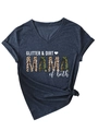 Detail view of navy V-neck T-shirt with Mama of both leopard print and side knot - S / Navy Blue (White Pattern)
