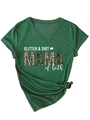 Detail of dark green V-neck t-shirt with Mama print and a stylish knotted hem design - S / Retro Green (White Pattern)