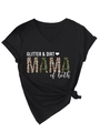 Detail of V-neck black T-shirt featuring Glitter Dirt Mama leopard and camo print design - S / Black (White Print)