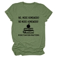 Detail of olive green t-shirt with Punctuation Matters text and school themed graphics - Olive Green (Black Letters)