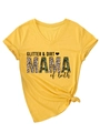 Details des V-Ausschnitt-Knoten-Shirts mit Glitter Dirt Mama Leoparden-Tarnmuster-Druck - S / Gelb (Schwarzer Druck)