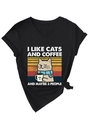 Détail du t-shirt noir col en V avec imprimé chat café et nœud élégant à la taille - Noir (Graphique Blanc)