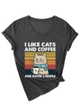Dettaglio maglietta grigia con scollo a V, stampa I Like Cats and Coffee e nodo decorativo - S / Grigio Melange (Grafica Bianca)