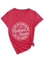 Detail view of a V-neck red nurse t-shirt with white logo print and side knot style - Red