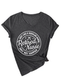 Detail of V-neck cotton T-shirt featuring Retired Nurse print and stylish hem knot - Black Heather Grey