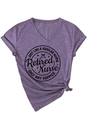 Detail of purple v-neck shirt featuring Retired Nurse print and front tie knot - Purple (Black Text)