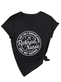 Detail of V-neck black T-shirt with white Retired Nurse print and syringe graphic - Black
