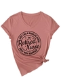 Detail of V-neck mauve T-shirt with rolled cuffs and a stylish knotted hem design - Dusty Pink