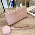 Pink V-quilted long wallet with gold zipper, wrist strap and fluffy pompom charm - Pink