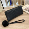 Black long quilted wallet with V-pattern, gold zipper, wrist strap and pompom charm - Black