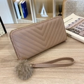 Dusty pink V-quilted long wallet with wrist strap and grey pompom keychain - Khaki