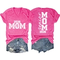 Front and back view of a pink V-neck Senior Mom 2026 T-shirt with denim shorts - Rose Red (White Font)