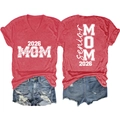 Front and back detail of Senior Mom 2026 red V-neck tee and ripped denim shorts - Red (White Font)