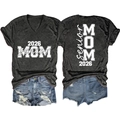 Flat lay of gray V-neck T-shirt with 2026 Senior Mom print and denim shorts set - Heater Grey (White Font)
