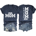 Detail of Senior MOM 2026 lettering on navy V-neck t-shirt and distressed denim shorts - Navy Blue (White Font)