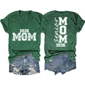 Detailed front and back view of dark green V-neck T-shirt with Senior MOM 2026 print - Vintage Green (White Font)