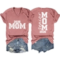 Front and back detail of pink 2026 Senior Mom V-neck tee and ripped denim shorts - Rose Gold (White Font)