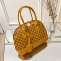 Mustard yellow vintage shell handbag with floral print and gold-tone hardware - Yellow Brown