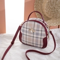 Classic checkered crossbody bag with golden bee pearl buckle and burgundy leather trim - Red
