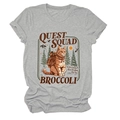 Detail of grey crewneck T-shirt showing retro Quest Squad cat print and fabric texture - S / Light Gray