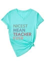 Detail of teal V-neck teacher t-shirt with rolled sleeves and front hem knot design - S / Deep Water Blue
