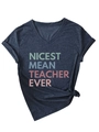 Detail of V-neck t-shirt in charcoal heather fabric with Nicest Mean Teacher Ever print - Navy Blue