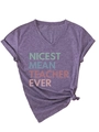 Detail of purple heather V-neck T-shirt with 'Nicest Mean Teacher Ever' slogan and side knot - Purple