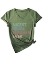 Detail of V-neck dark green teacher t-shirt with colorful printed text and bottom knot - Olive Green