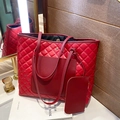 Red quilted leather tote bag with matching inner pouch and long shoulder straps - Red