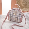 Pink and white plaid crossbody bag featuring a pearl bee buckle and thin shoulder strap - Pink