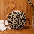 Ronde crossbodytas met luipaardprint, bruine lederen bies en een enkel handvat - Bruin