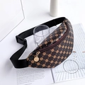Dark brown crescent fanny pack with golden circular patterns and adjustable nylon strap - Brown Polka Dots