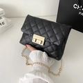 Elegant black quilted shoulder bag with golden twist lock and thin metal chain strap - Black