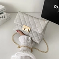 Quilted light gray crossbody bag with diamond stitching and gold metal chain strap - Gray