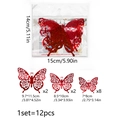 Detailed size guide for red 3D glitter butterfly wall stickers with hollow rose patterns - Red Heart Pattern Style (PJ4012-ZC)