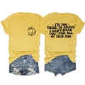 Flat lay of ginger yellow t-shirt with peach print and distressed denim shorts set - Yellow (Black Font)