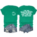 Detailed front and back view of green cotton T-shirt with slogan and ripped denim shorts - Dark Green (White Font)