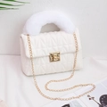 White quilted PU leather handbag with plush faux fur handle and gold chain strap - White